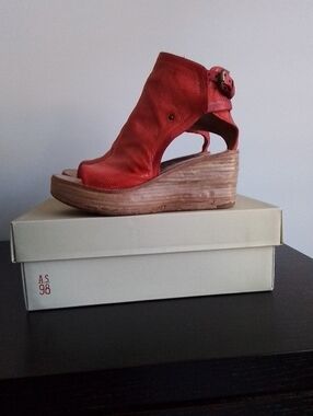 A.S.98 Fire Red Leather Open-Toe Wedge Sandal